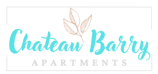 A logo for Chateau Barry Apartments featuring a stylized leaf.